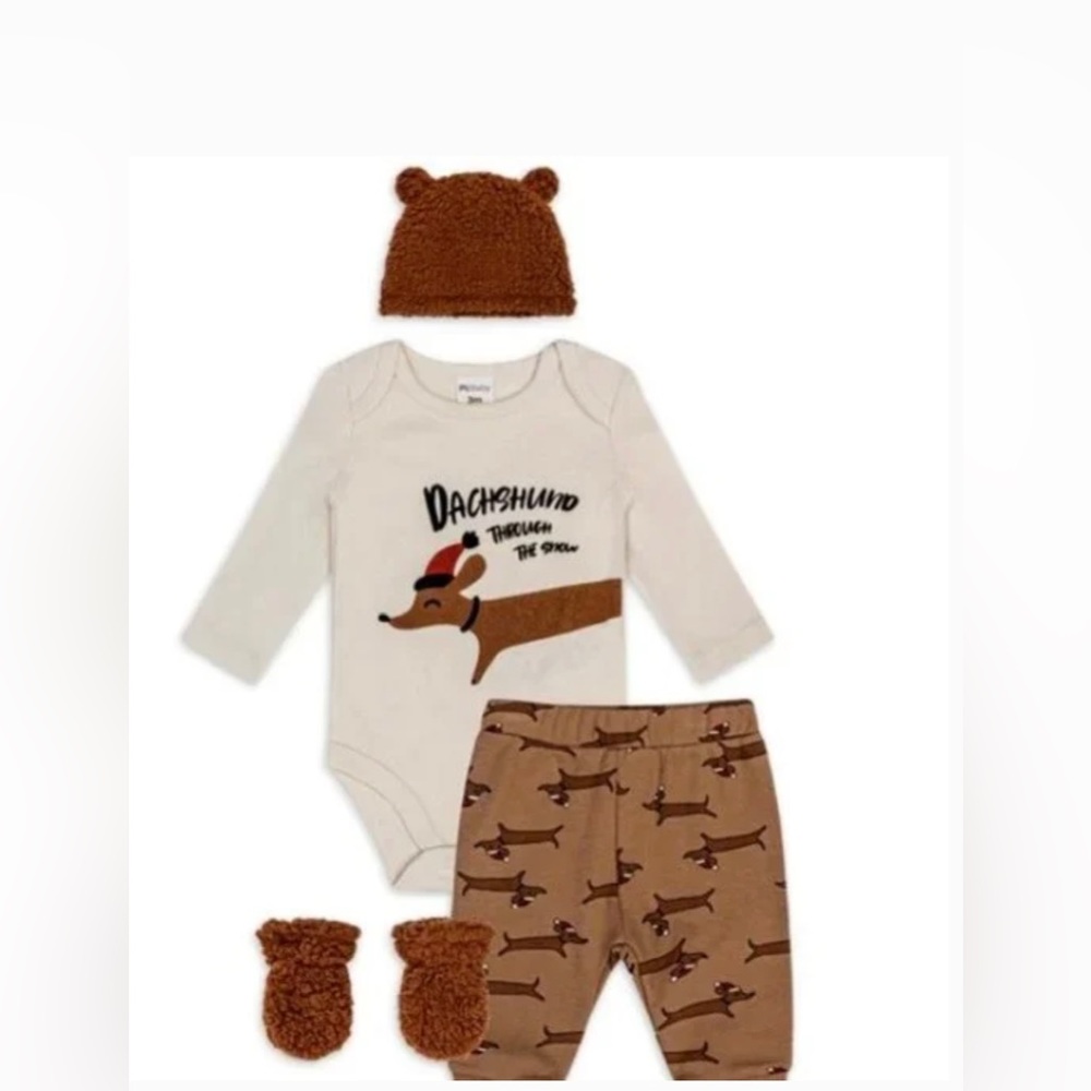 Petit Lem Holiday Dachshund Layette Outfit with Hat/Mittens